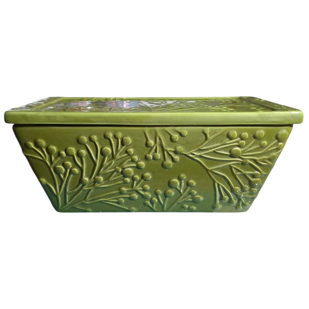 Green Ceramic Covered Box-trinket Dish, Candy Dish
